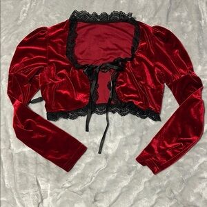 Gothic Lolita Red Velvet Cropped Cardigan with Black Lace Trim